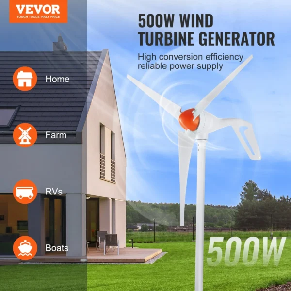 500W wind turbine for home, farm, RVs, boats.