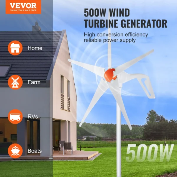 500W Wind Turbine Generator - 12V Wind Turbine Kit with MPPT Controller, 5-Blade, Adjustable Direction, 2.5m/s Start Speed for Home, Farm, RVs, Boats