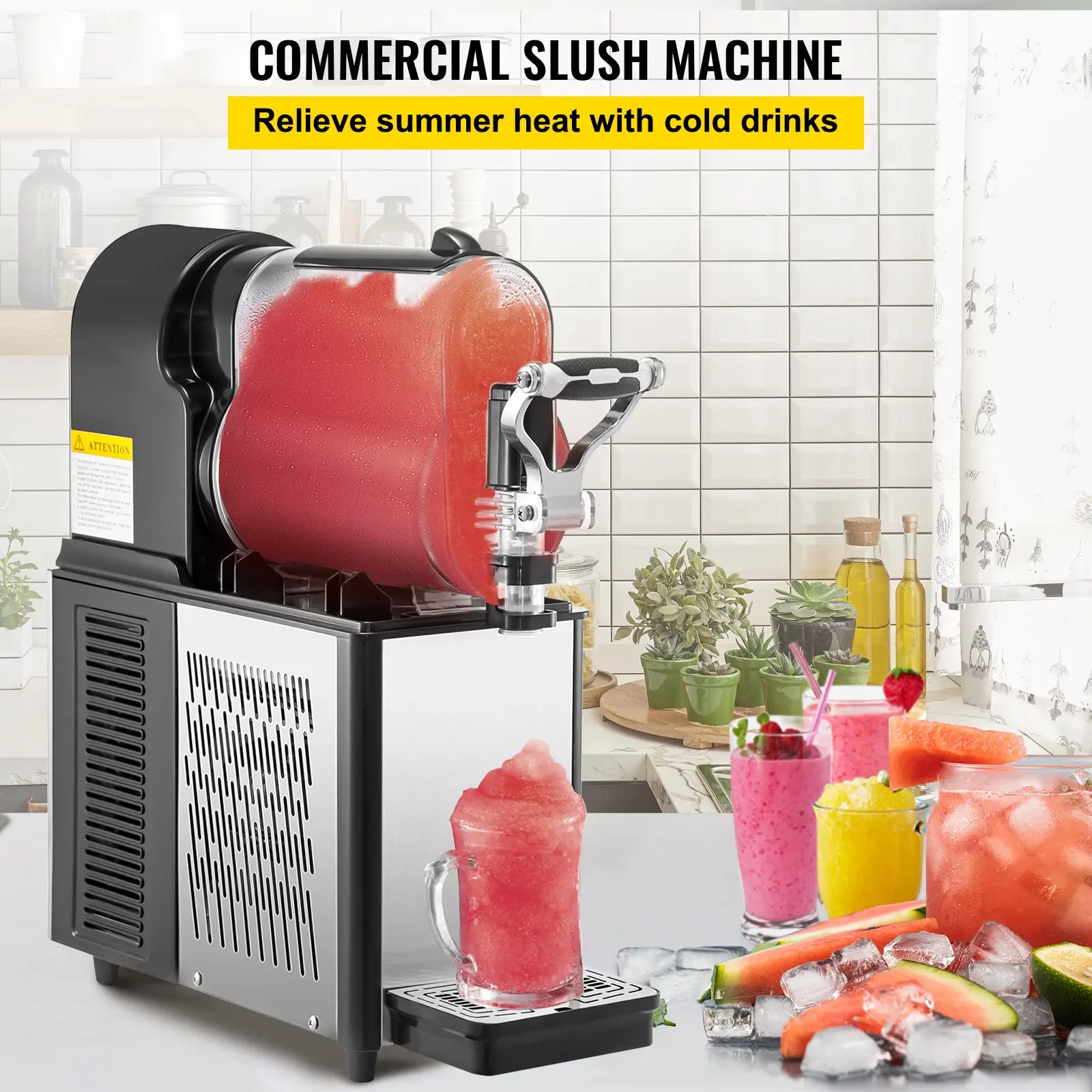 Commercial slush machine with red slushy drink.