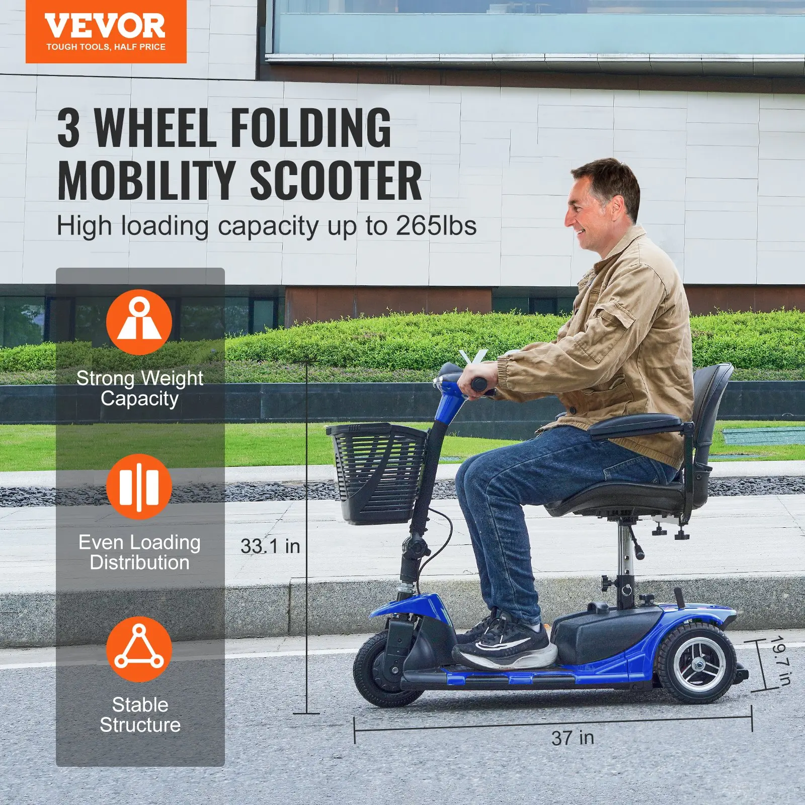 3 wheel folding mobility scooter supports up to 265lbs.