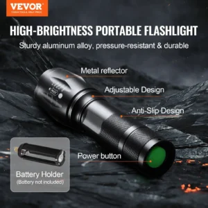 High-brightness portable flashlight with features labeled.