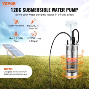 12V DC Submersible Water Pump; solar-powered, max 230 FT lift