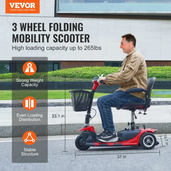 3 Wheel Folding Mobility Scooter for Adults & Seniors - Heavy-Duty, 12 Mile Range, All-Terrain, 9 Climbing, 265lb Capacity