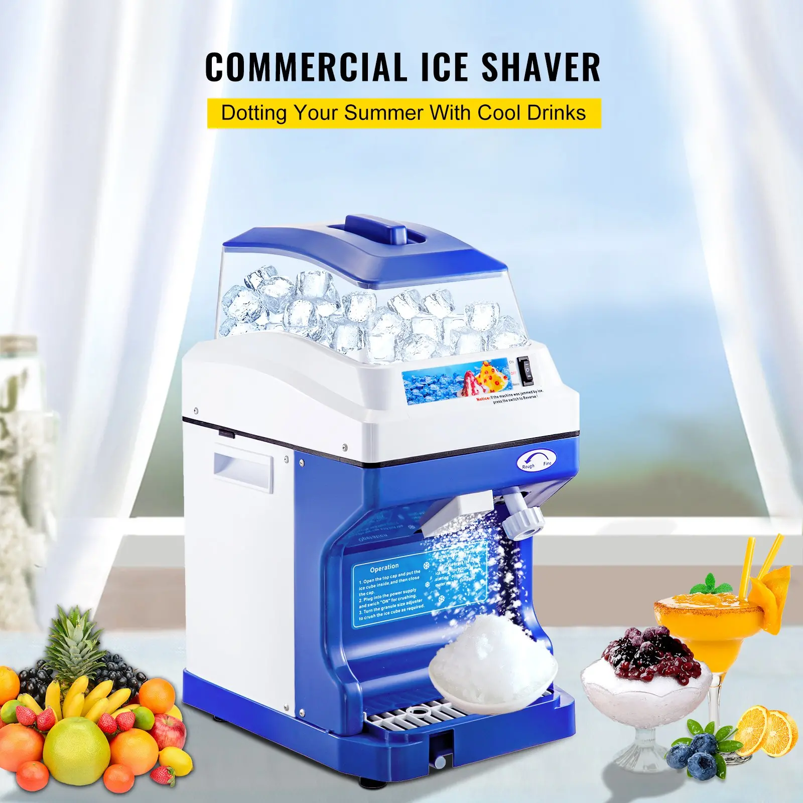 Commercial ice shaver with shaved ice and fruits.