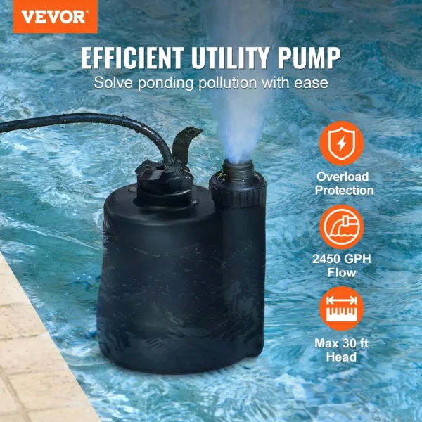 Efficient utility pump in pool, 2450 GPH flow.