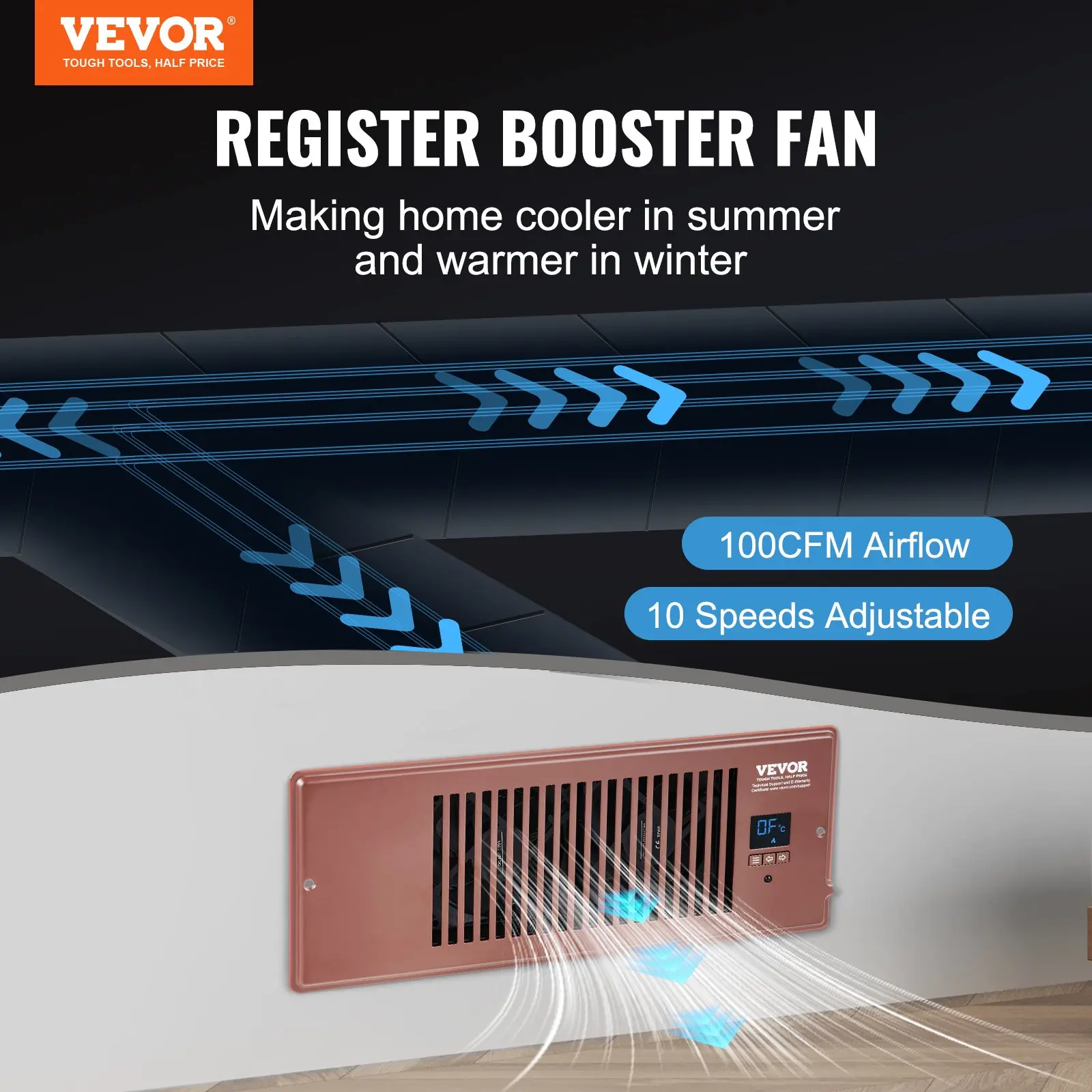 Register booster fan for home cooling and heating.