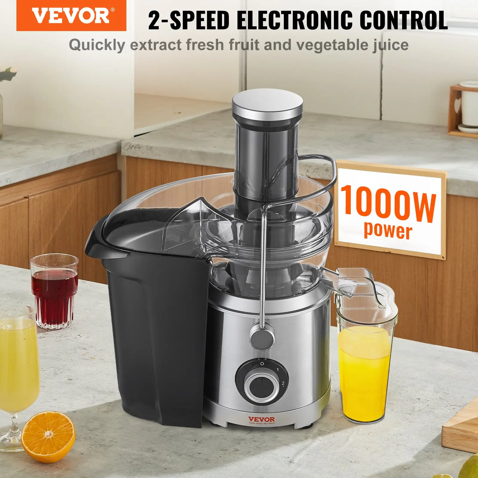 Vevor 2-speed juicer, 1000W, extracts fruit and vegetable juice.