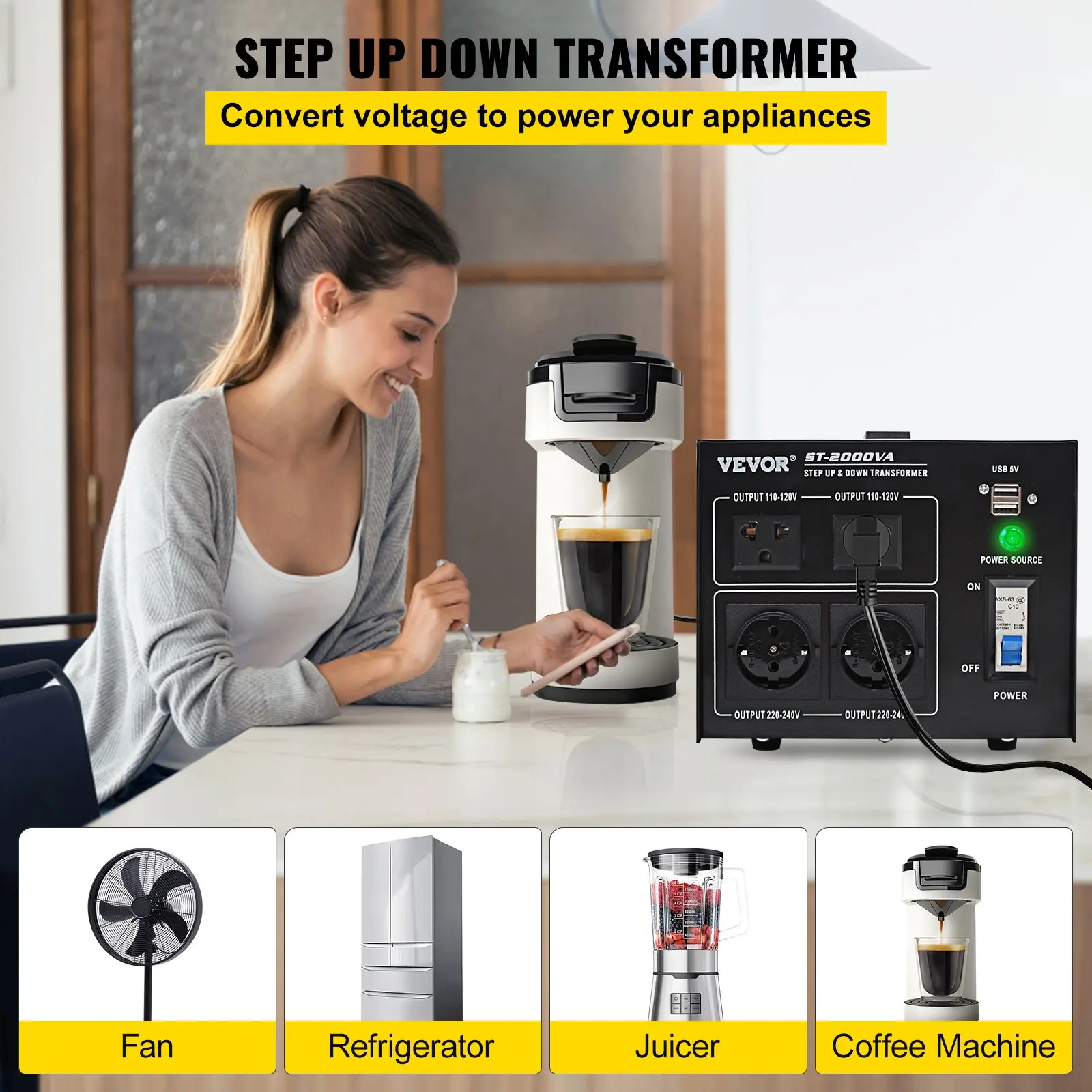 Step up down transformer powering coffee machine.