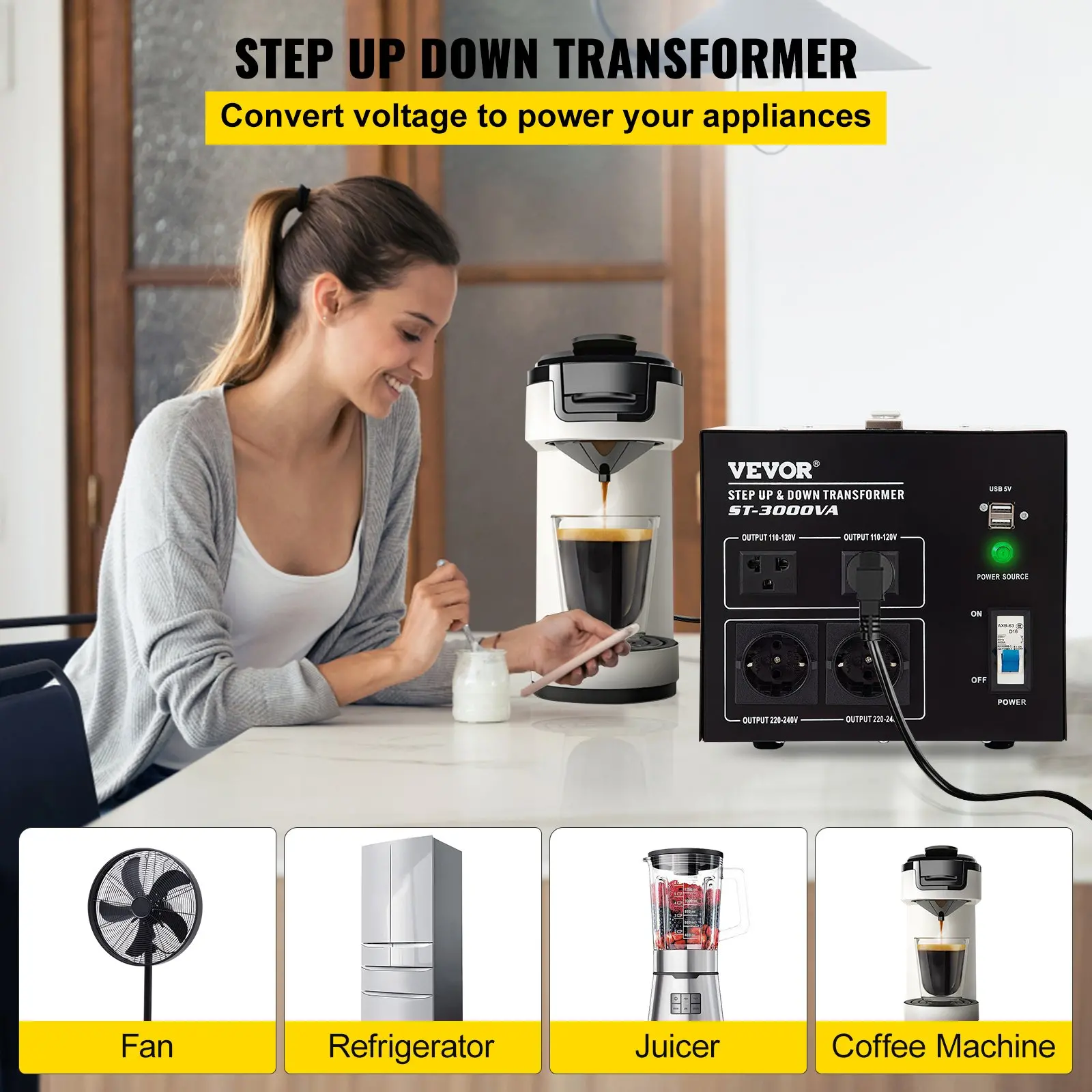 VEVOR step-up down transformer powering appliances.