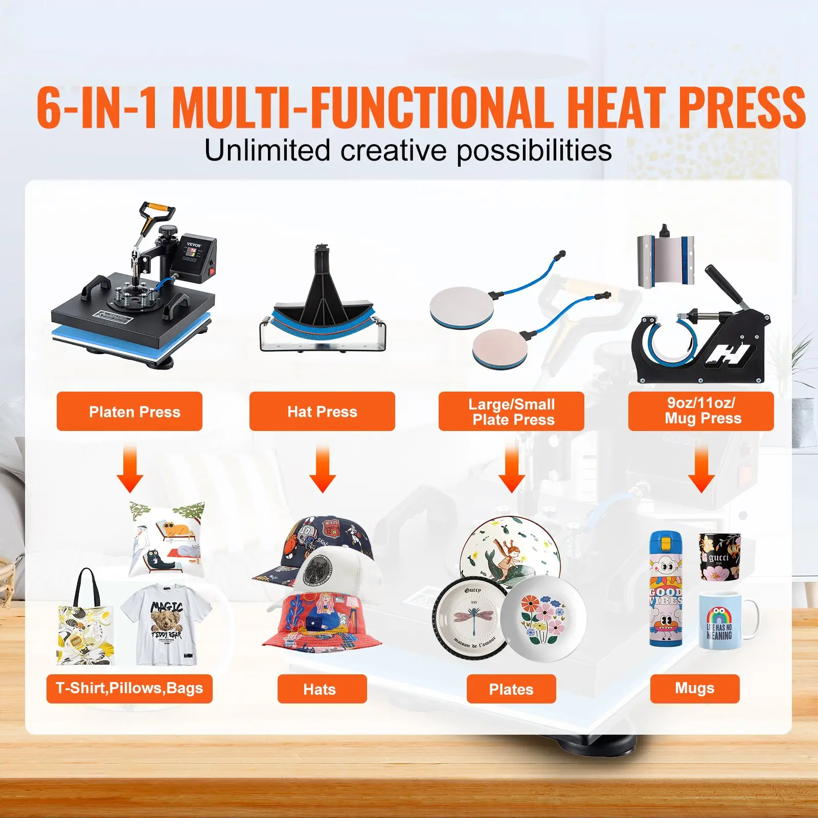 6-in-1 multi-functional heat press for various items.