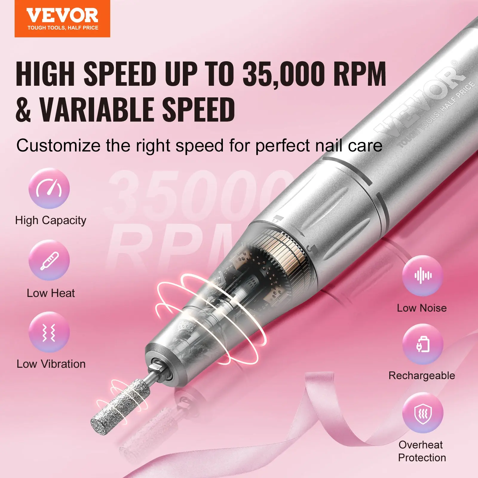 Vevor nail drill, high speed 35,000 RPM, customizable settings.