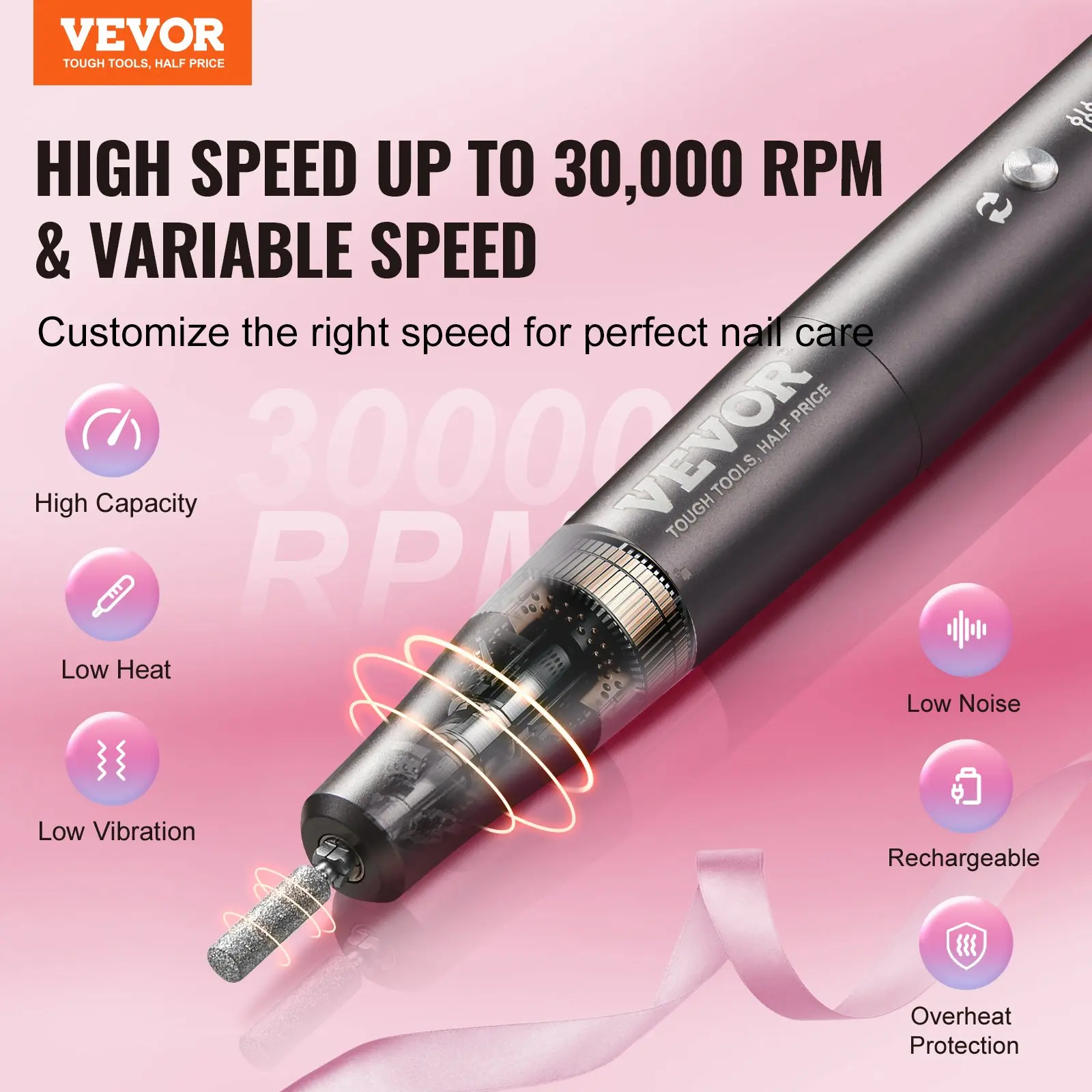 High-speed Vevor nail drill, 30,000 RPM, customizable speed.