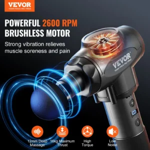 Massage gun with 2600 RPM brushless motor for pain relief.