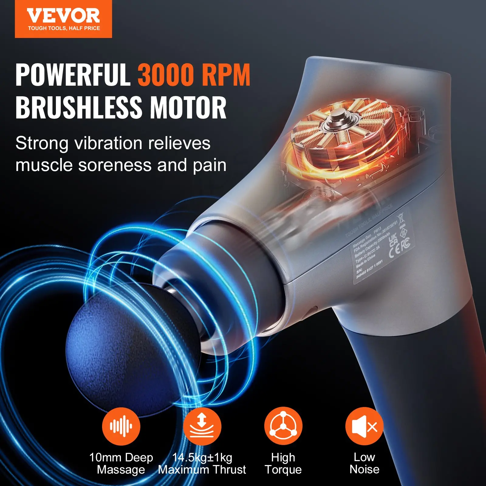 VEVOR massage gun with brushless motor for pain relief.