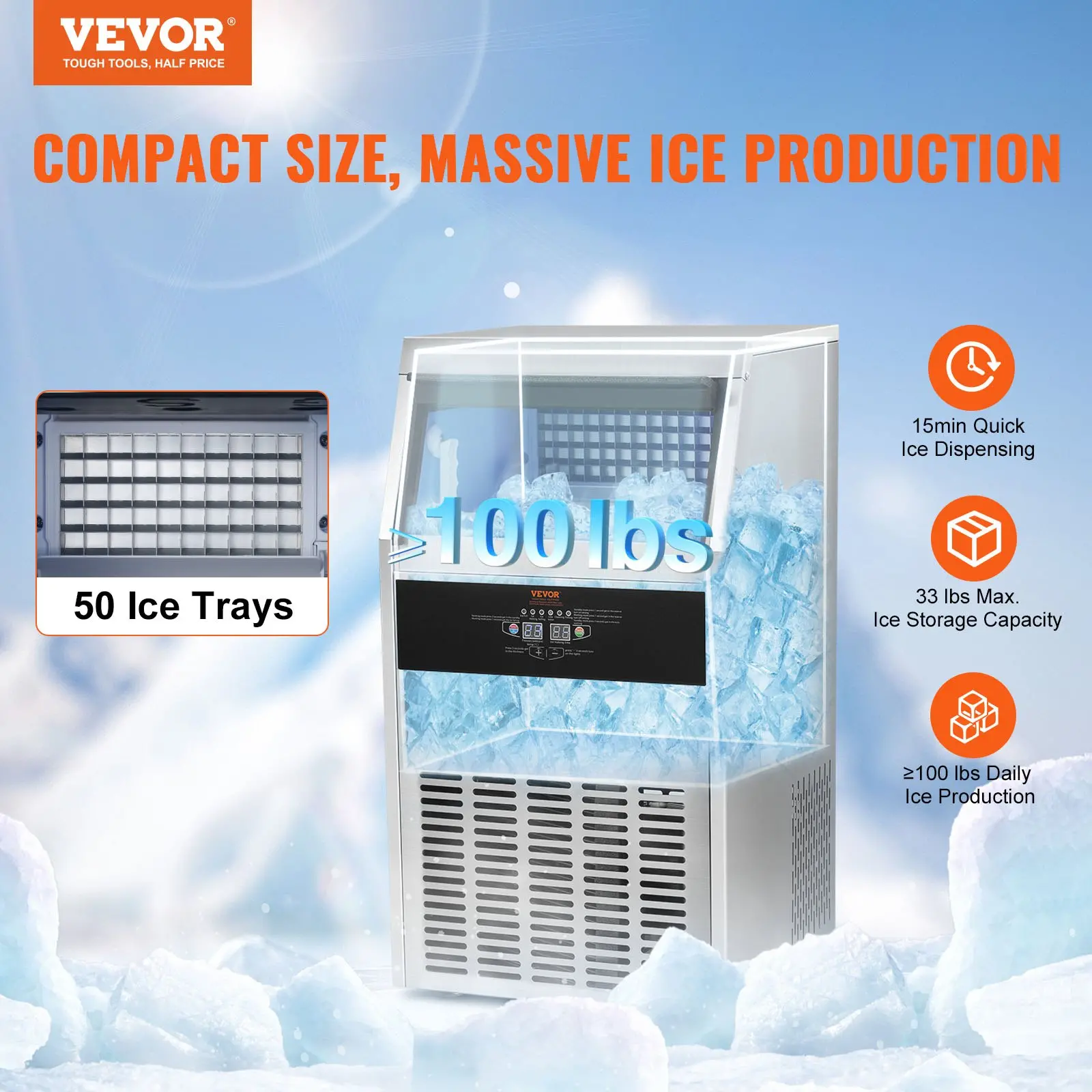 Compact ice maker with 50 trays and 100 lbs capacity