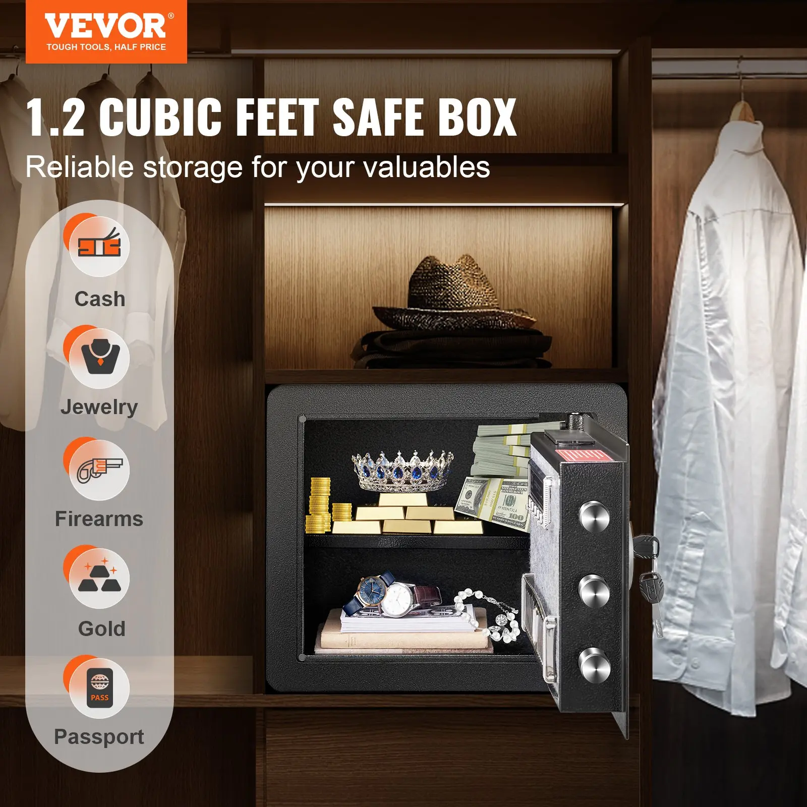 Secure 1.2 cubic feet home safe for valuables storage.