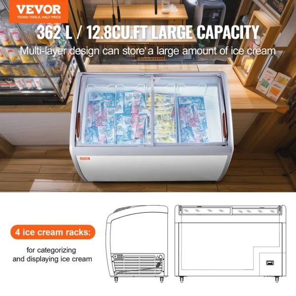 VEVOR Commercial Ice Cream Display Case, 12.8 Cu.ft Chest Freezer with Locking Casters & Smart Temperature Control, Perfect for Restaurants & Gelato Shops