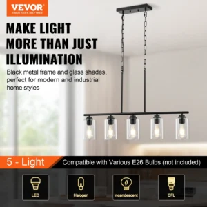 Modern black metal and glass chandelier with five lights.