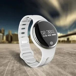 Smartwatch with white band on city background