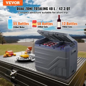 Portable fridge for drinks on outdoor table.