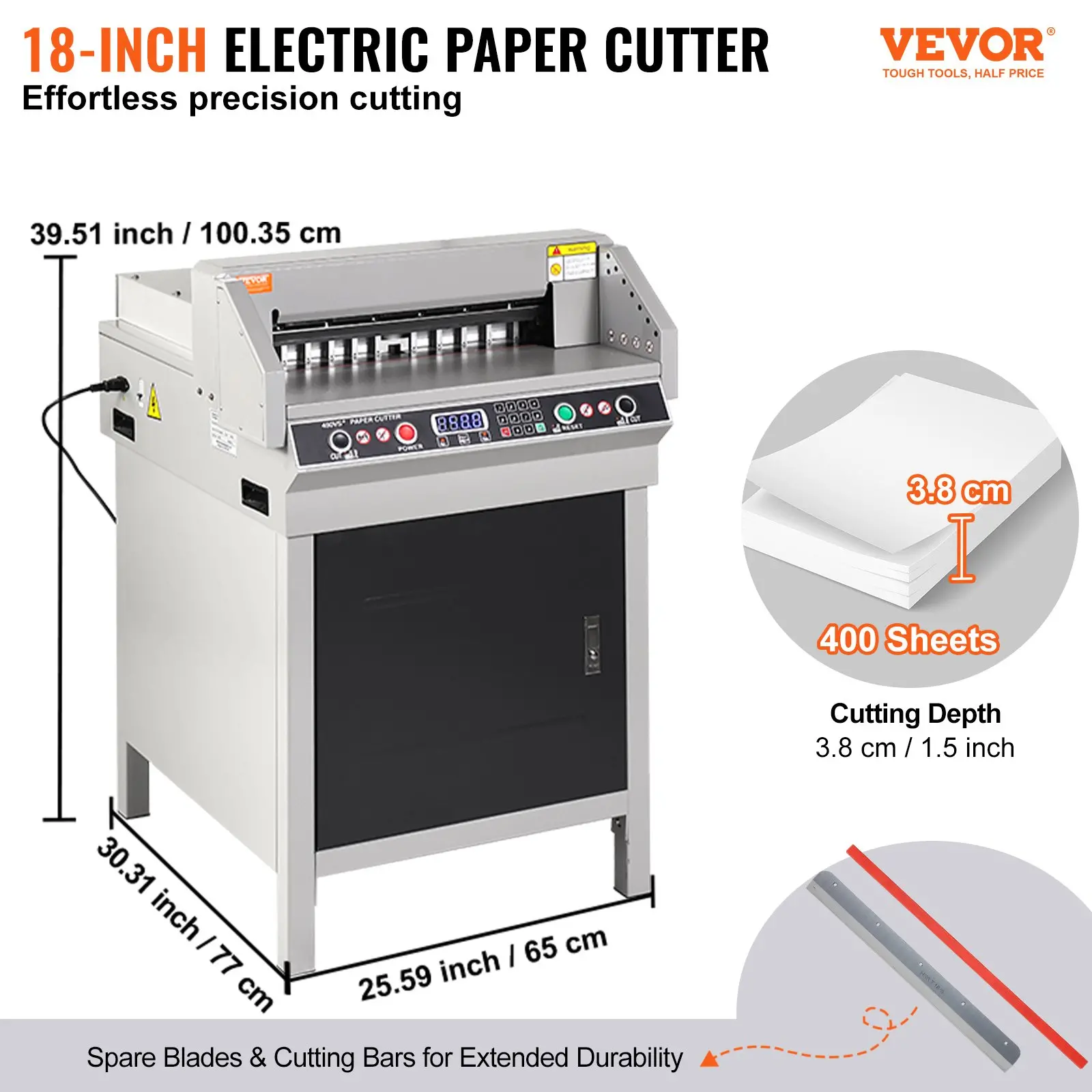 18-inch electric paper cutter, dimensions and features shown.