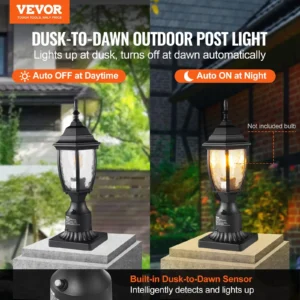 Dusk-to-dawn outdoor post light with auto sensor.