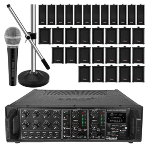 Microphone kit with amplifier and multiple speakers