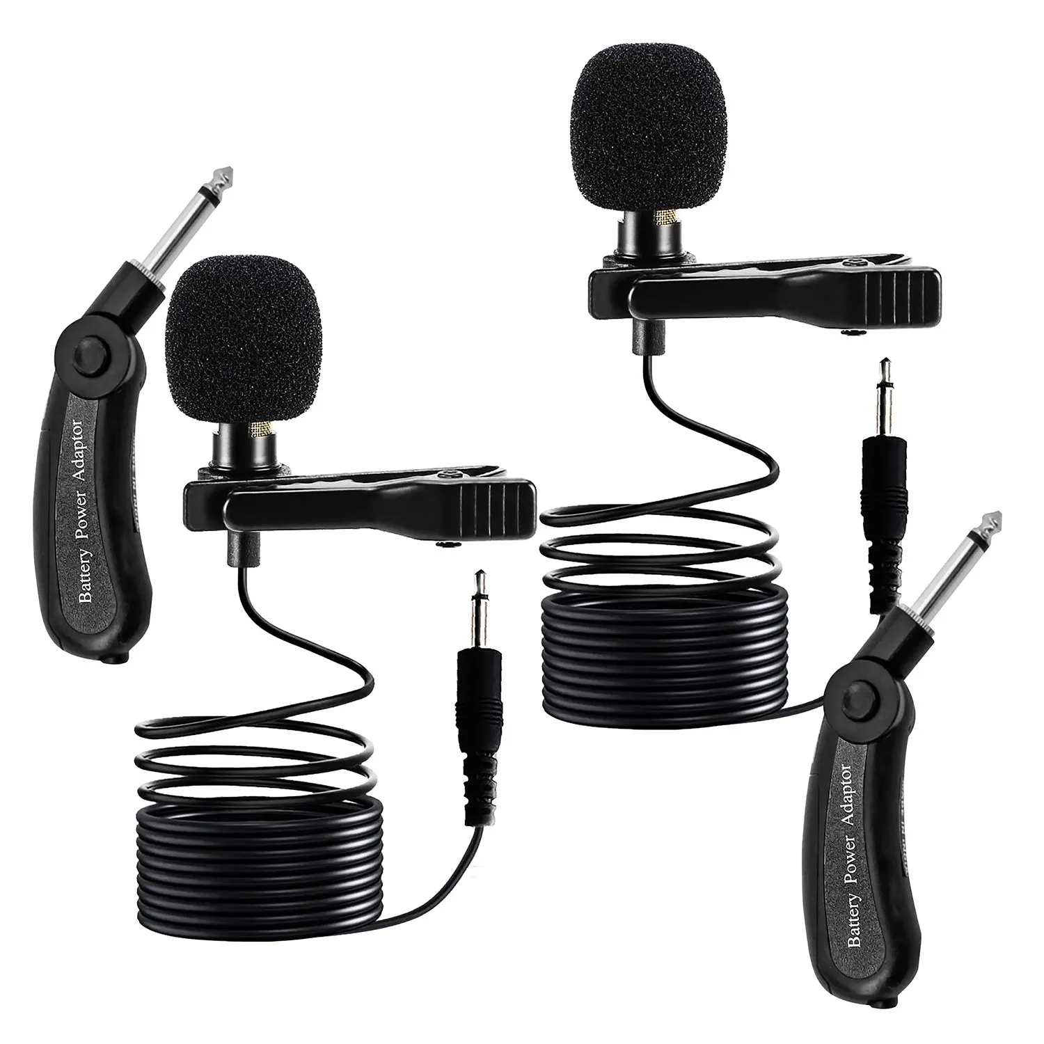 Lavalier microphones with battery power adaptors and cables