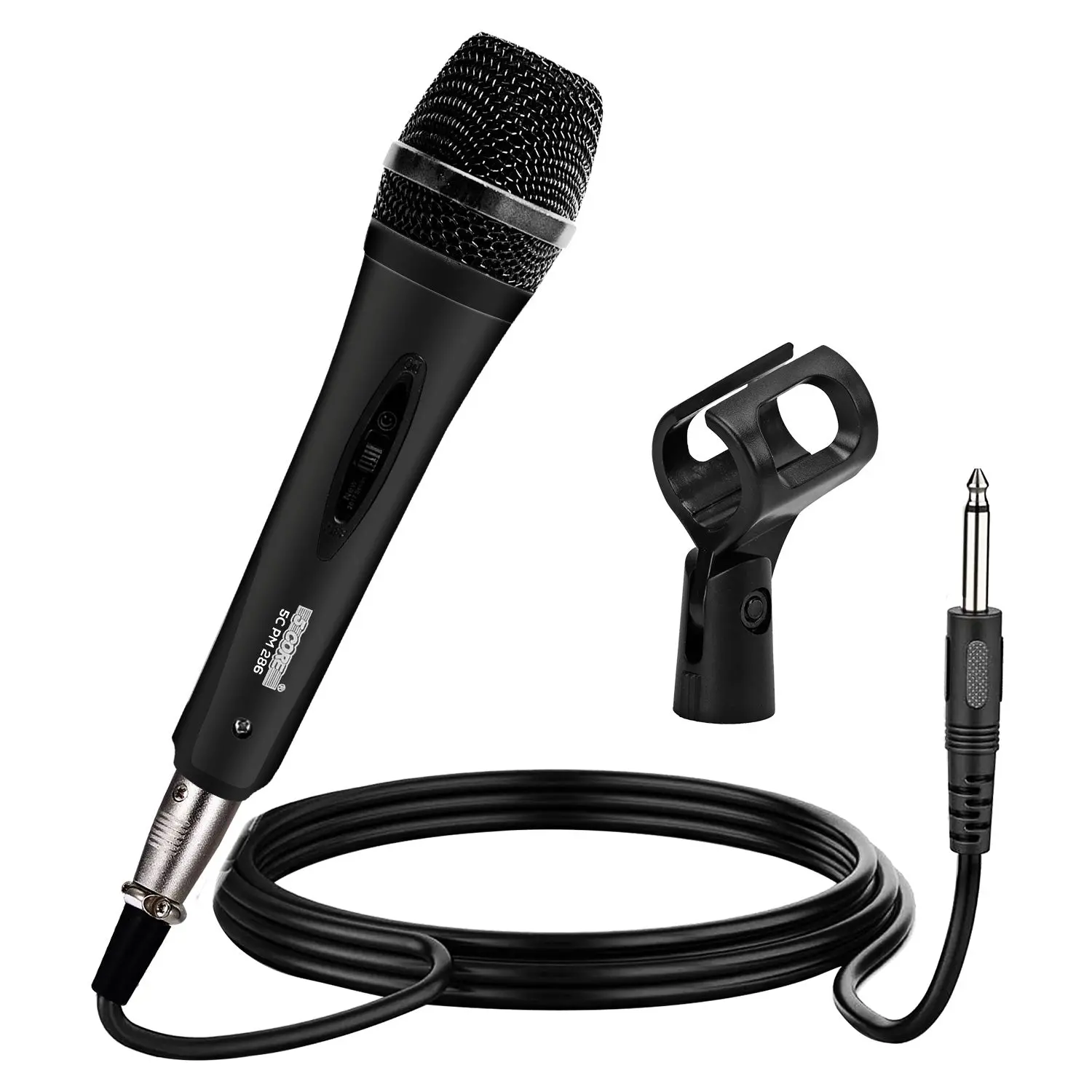 Black microphone with cord and stand