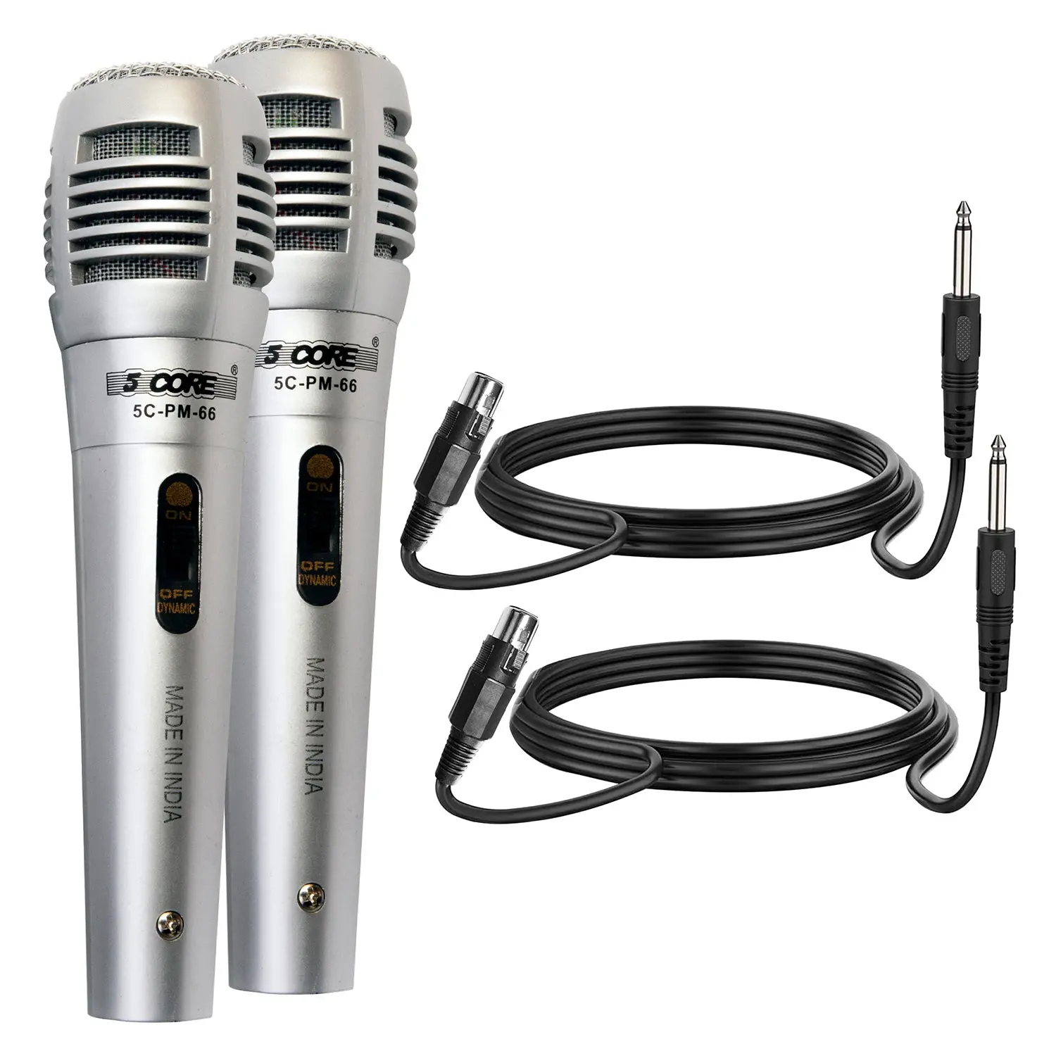 Two microphones with connecting cables.