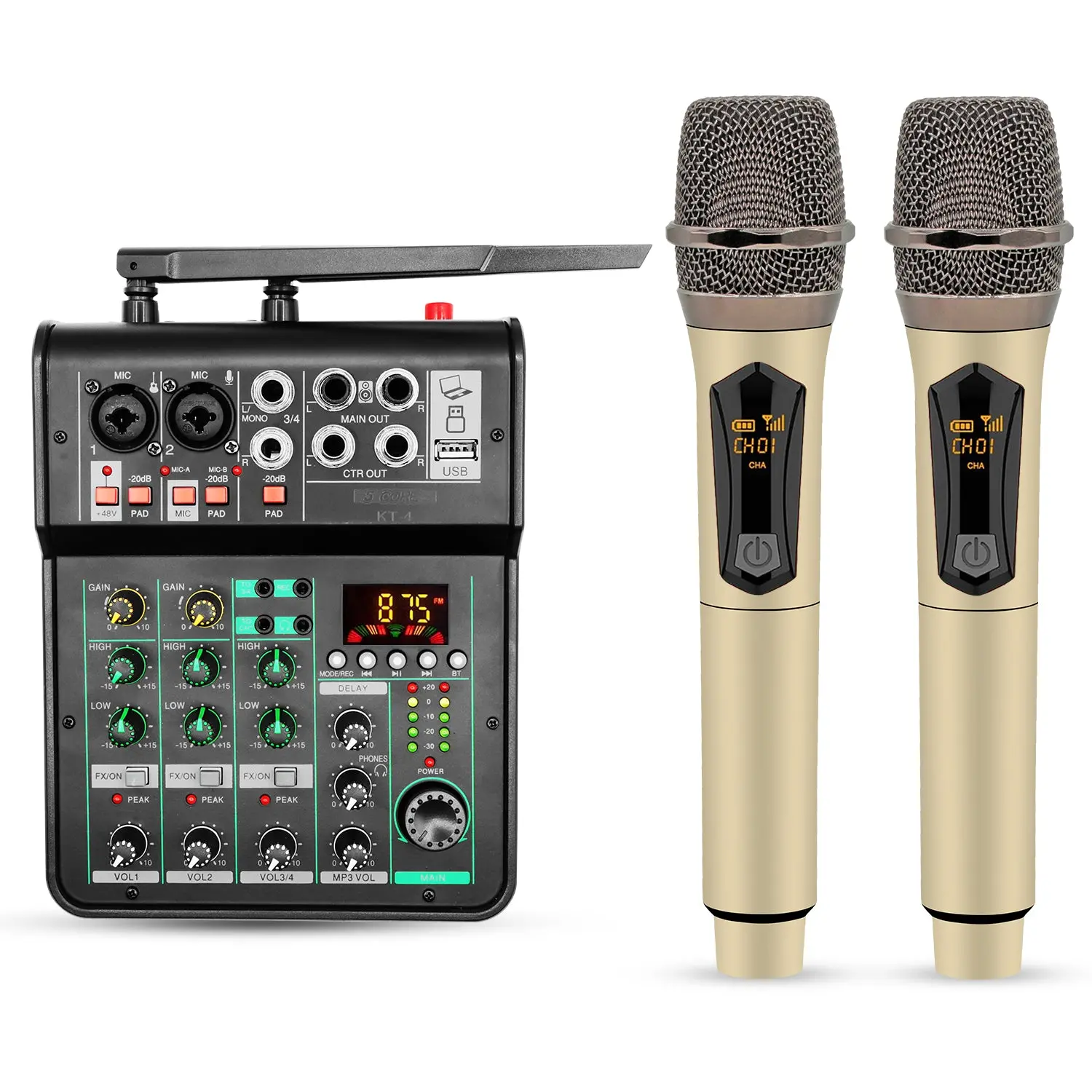 Audio mixer with microphones for sound control.