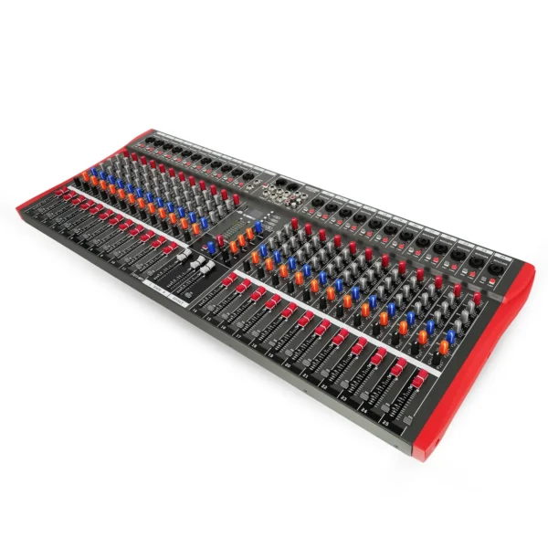 Professional audio mixing console with red accents