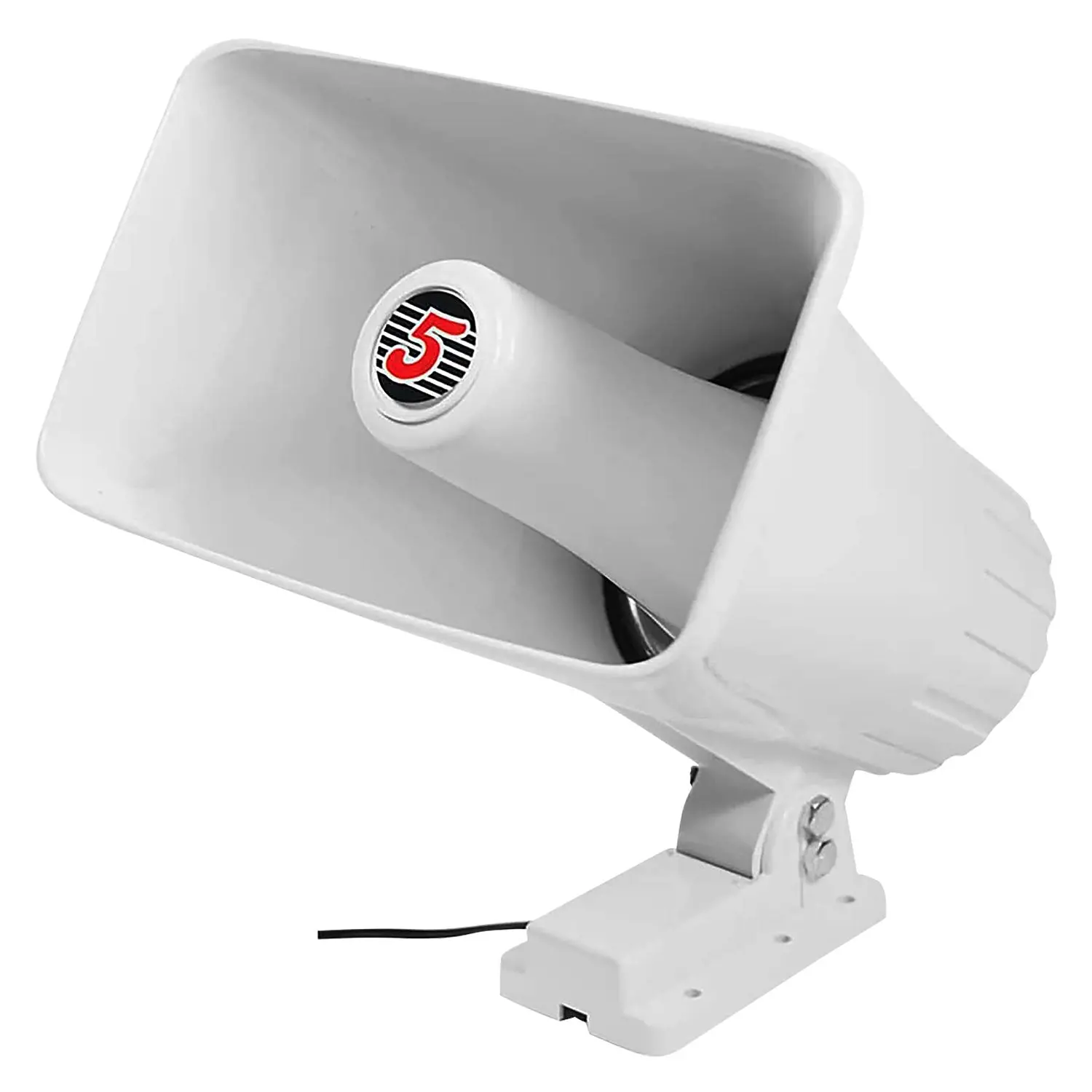 White megaphone with red number 5 logo