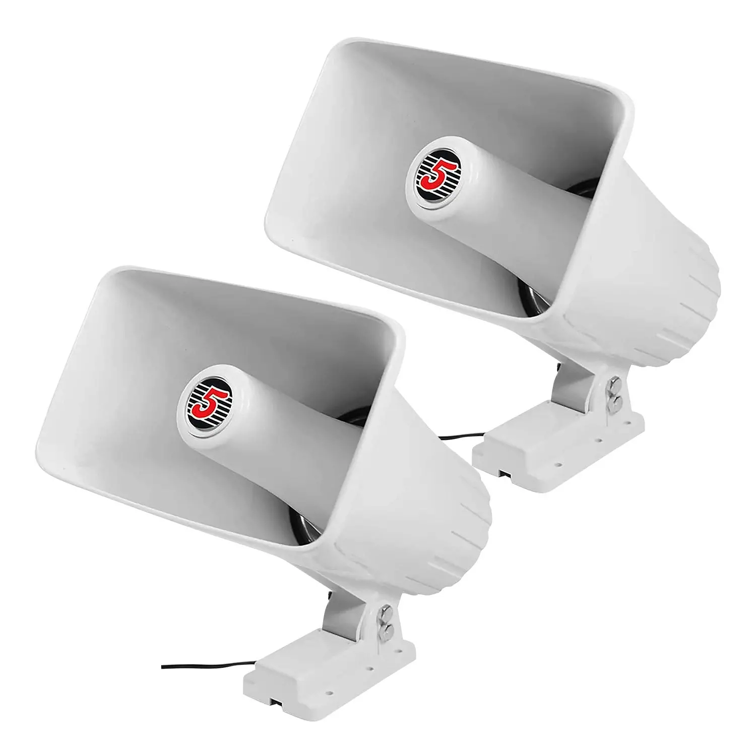 Two white outdoor loudspeakers with mounting brackets.