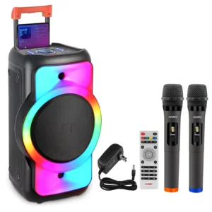 Portable speaker with mics, remote, and charger