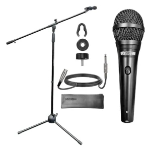 Microphone with stand, cable, and accessories