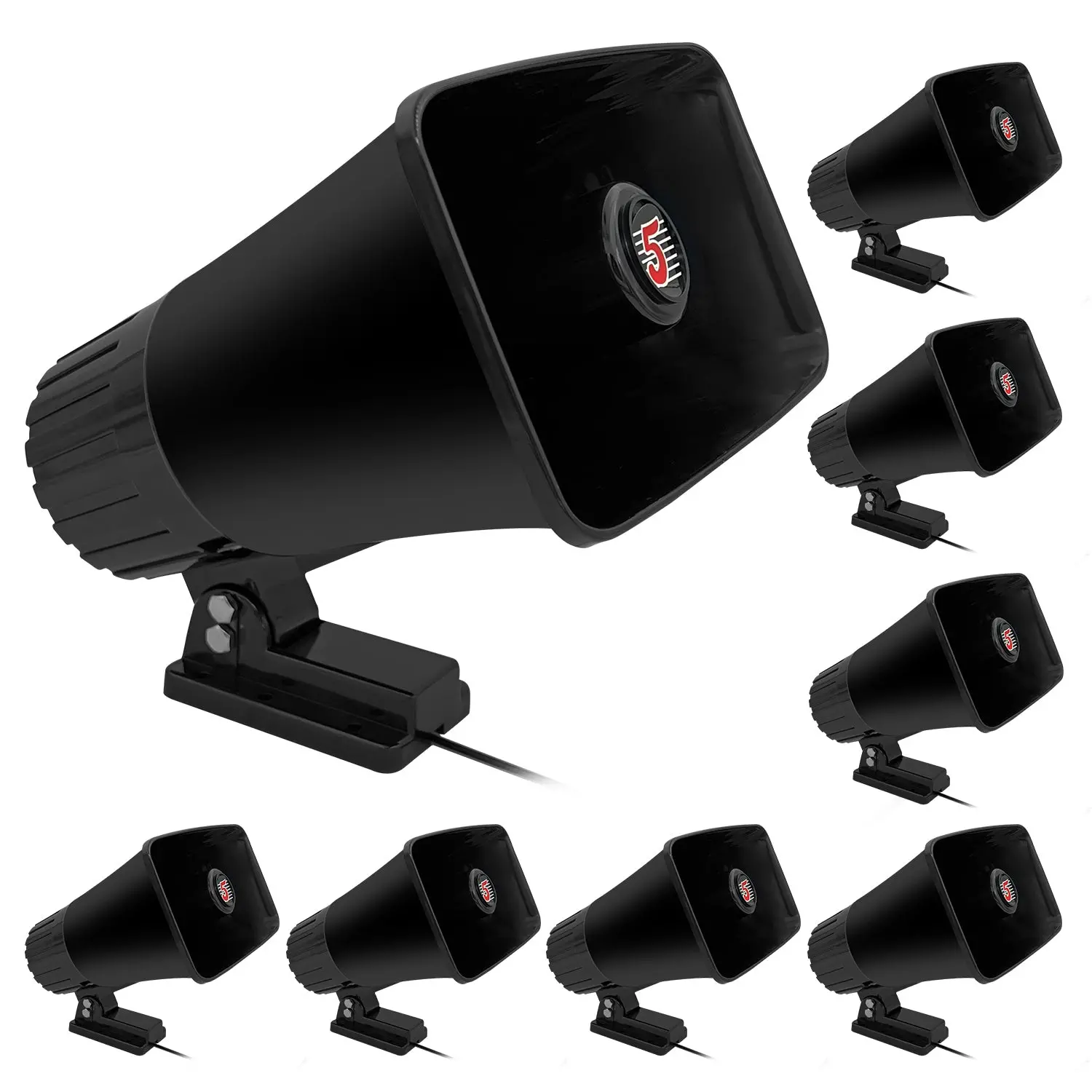 Set of seven black loudspeakers