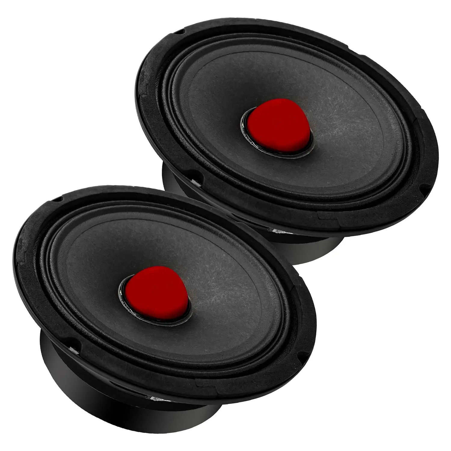 Two black audio speakers with red centers.