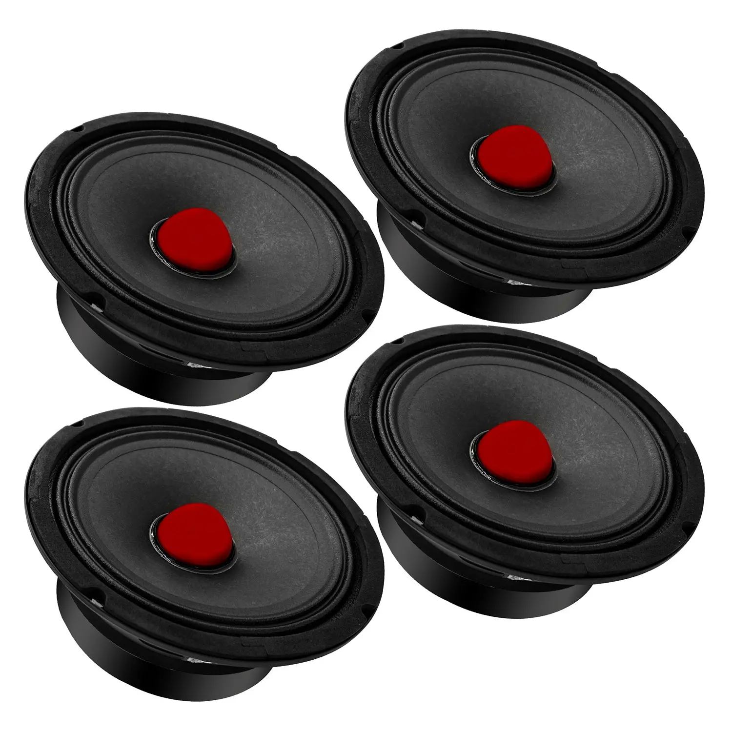 Set of four black and red speakers