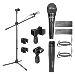 Microphone set with stand, clips, and cables.