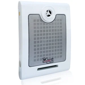 White wall-mounted speaker with a grille