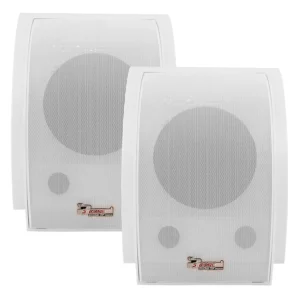 Pair of white wall-mounted speakers.