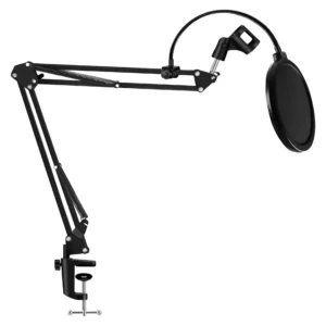 Adjustable microphone arm with pop filter