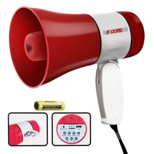 Red and white megaphone with battery and controls.