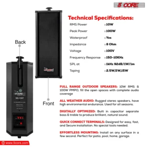 Technical specifications for 5 Core outdoor speakers.