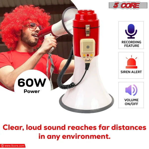 5 Core megaphone with recording, siren, and volume controls.