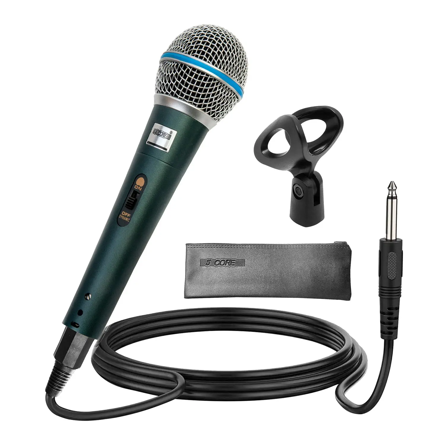 Dynamic microphone with cable, clip holder, and pouch.