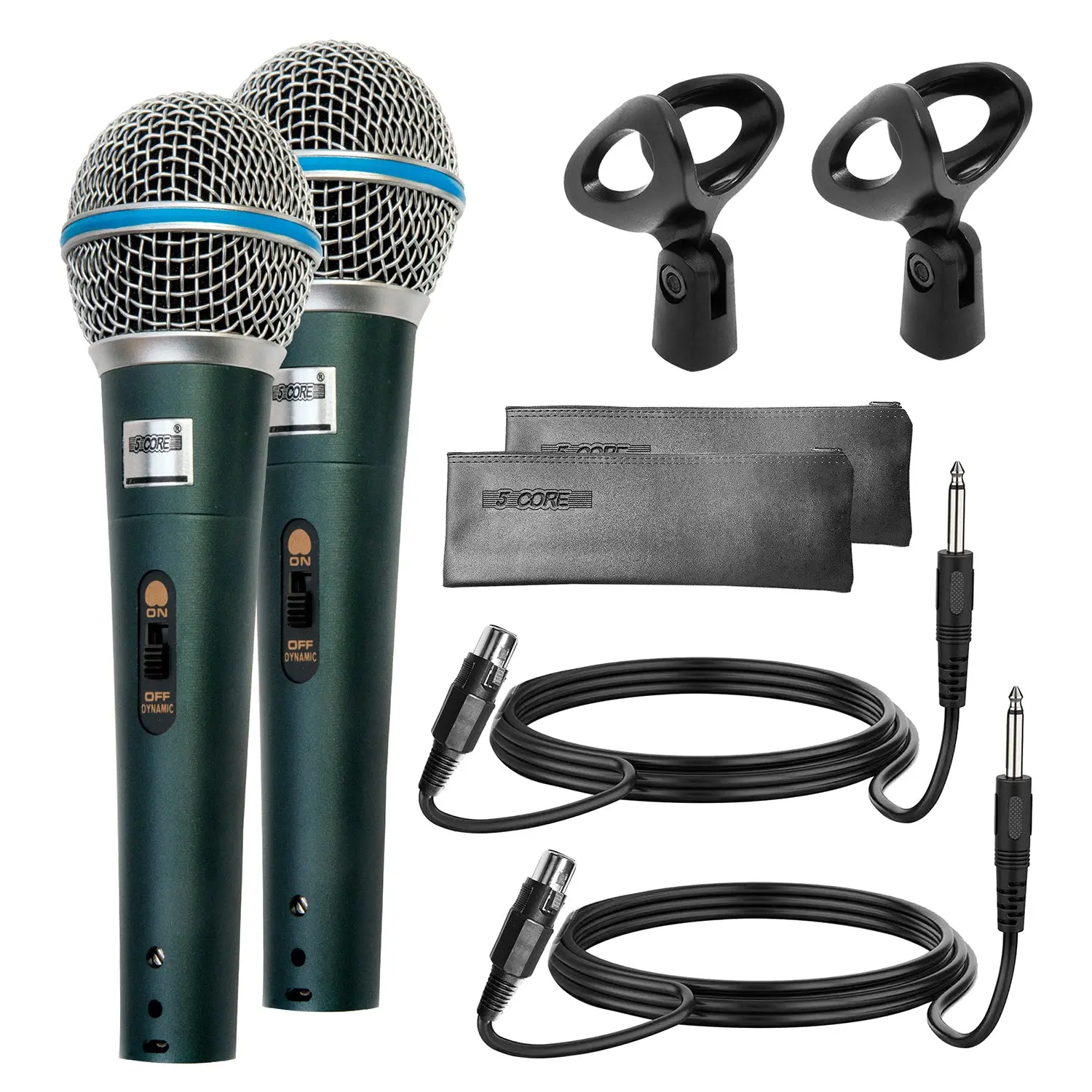 Two microphones with accessories and cables.