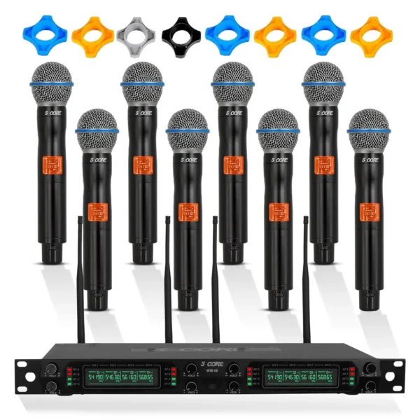 Wireless microphone system with eight mics and receiver.