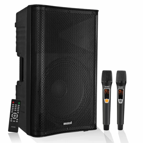 DJ Bluetooth Party Speaker 15 Inch Karaoke PA System with 2 Wireless Microphones - 200W High-Performance Sound, True Wireless Stereo, Portable with Wheels and Handle